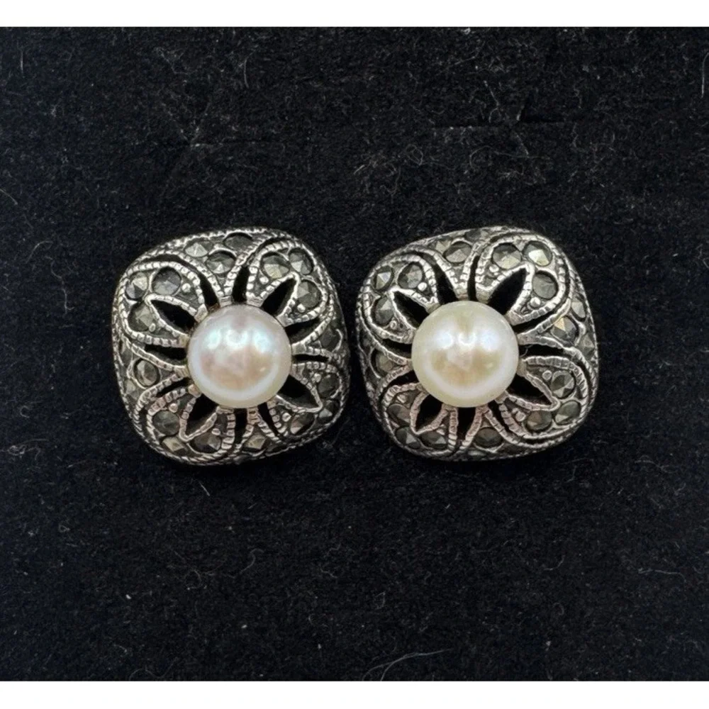 Vintage‎ Sterling Silver Marcasite Mabe Pearl Stud Earrings 925 Elegant